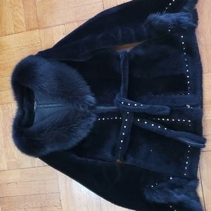 Natural Mouton / Fox Fur and Leather Women's Coat with belt Sz M